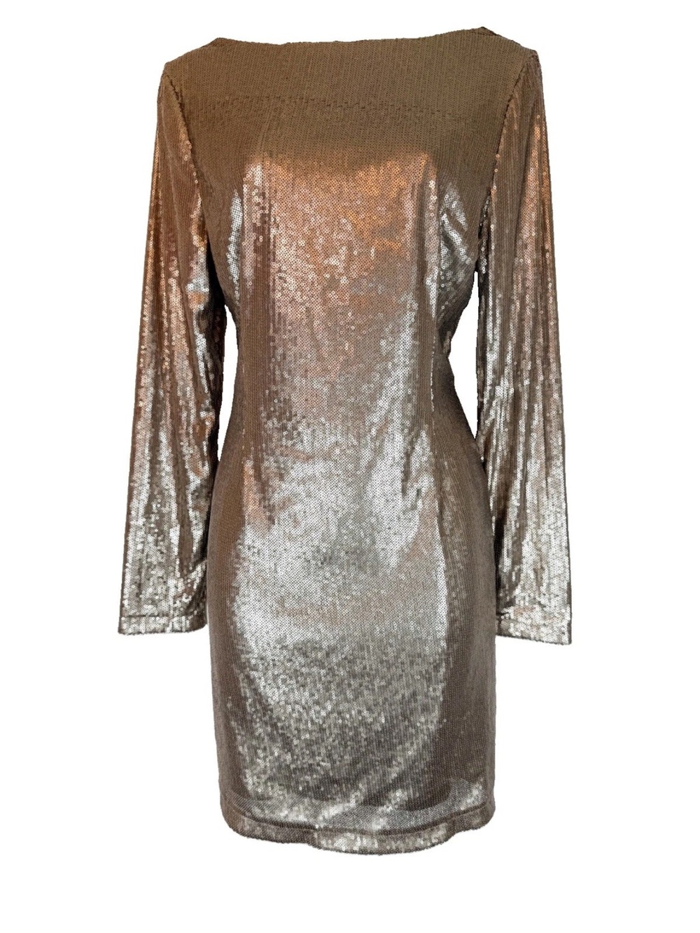 Sz Large Kardashian Kollection Women Sequin Stretch Dress Long Sleeve Champagne